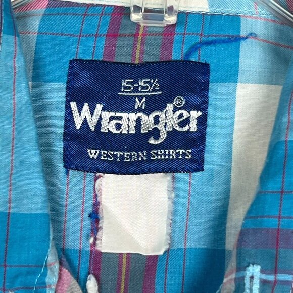 Wrangler Mens Med‎ Western Pearl Snap Short Sleeve Shirt Blue Red Plaid Grandpa - Picture 3 of 13